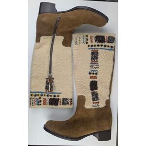 MIU MIU Embroidered Tribal Shearling & Suede Boots Tan 36